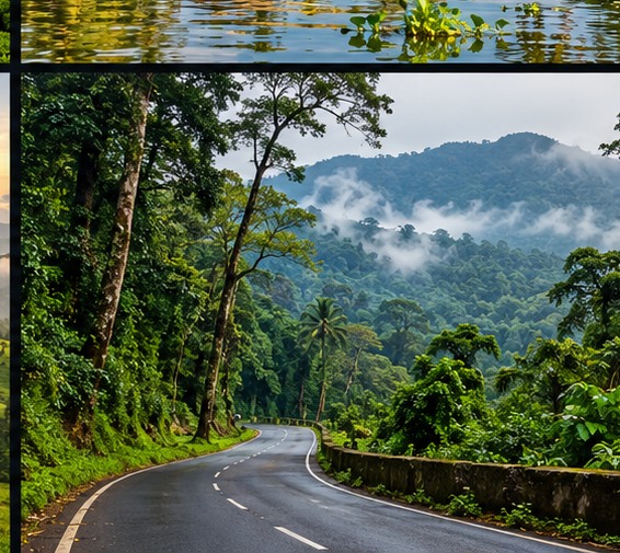 Winding road through a lush tropical forest