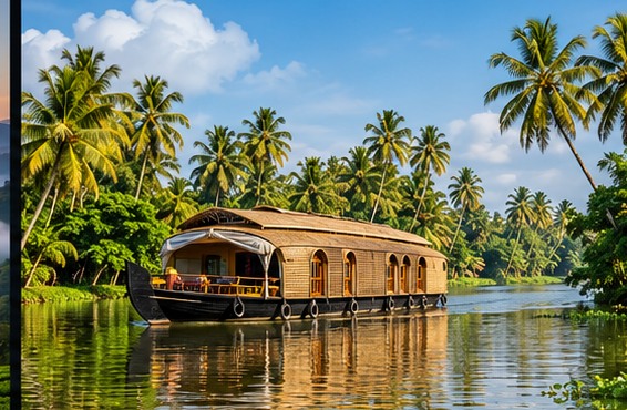 Traditional Kerala houseboat on a palm-lined backwater