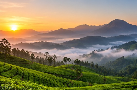 Misty tea-covered Kerala hills