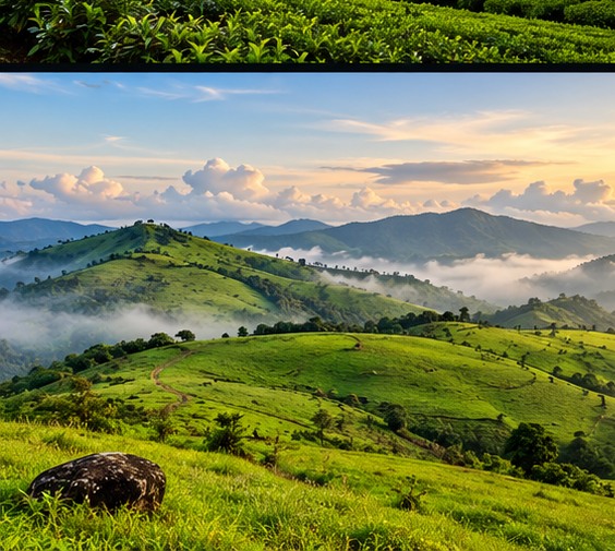 Rolling green hills and open meadows