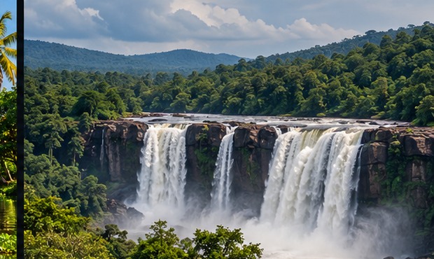 Waterfall surrounded by lush green forest